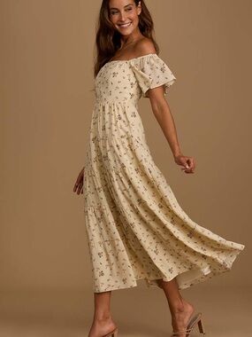 LULUS | Sweet Daydreamer Yellow Floral Print Off-the-Shoulder Maxi Dress